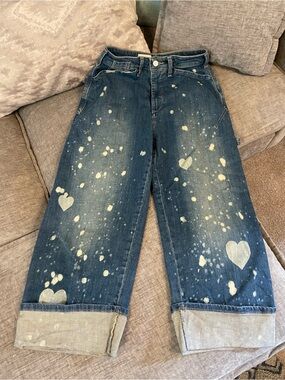 Pilcro Blue Denim Wide-Leg barrel Jeans with Bleach Heart Details